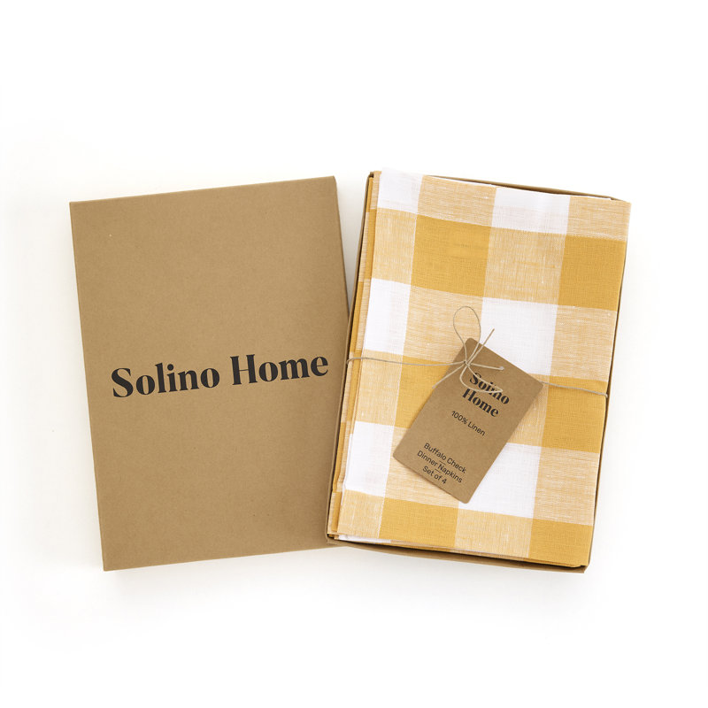 Buffalo Check - 100% Pure Linen Dinner Napkins, Mustard/White
