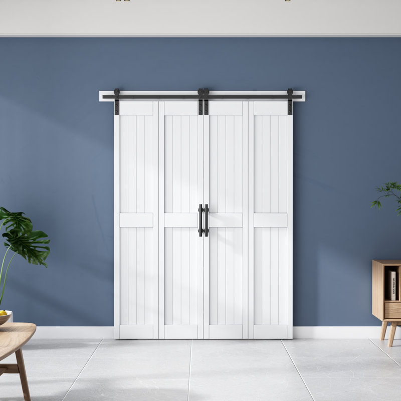 Porte de grange pliante en panneau de fibres à densité moyenne H 84 po avec quincaillerie assemblée, recouverte d'une surface en PVC
