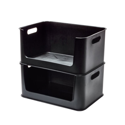 iDesign Plastic Large Open Front Garage Storage Eco Bin with Handles, Set of 2 , Matte Black