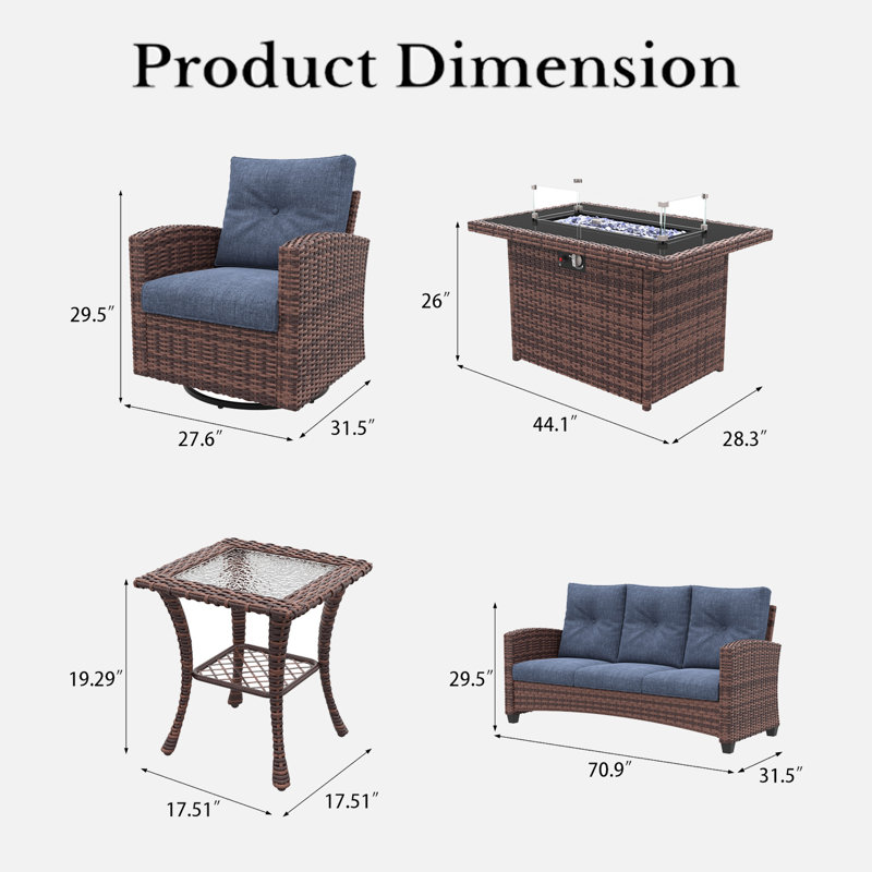Lark Manor™ 5 Pieces Patio Furniture Set with Swivel Chairs, Rattan Wicker Rocking Glide Chairs with 44" Propane Gas Fire Pit Table Conversation Set