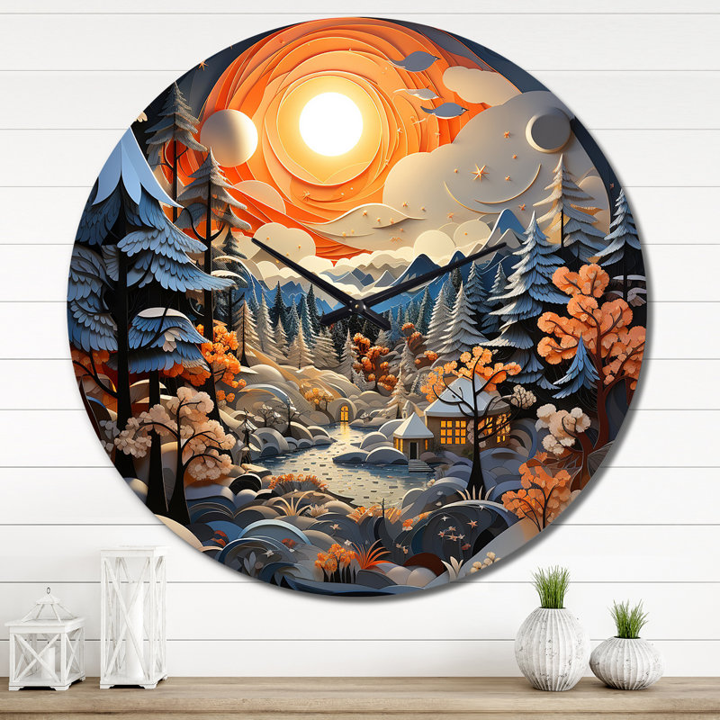 Horloge murale paysage d'hiver orange et bleu Papercut II, Très grand