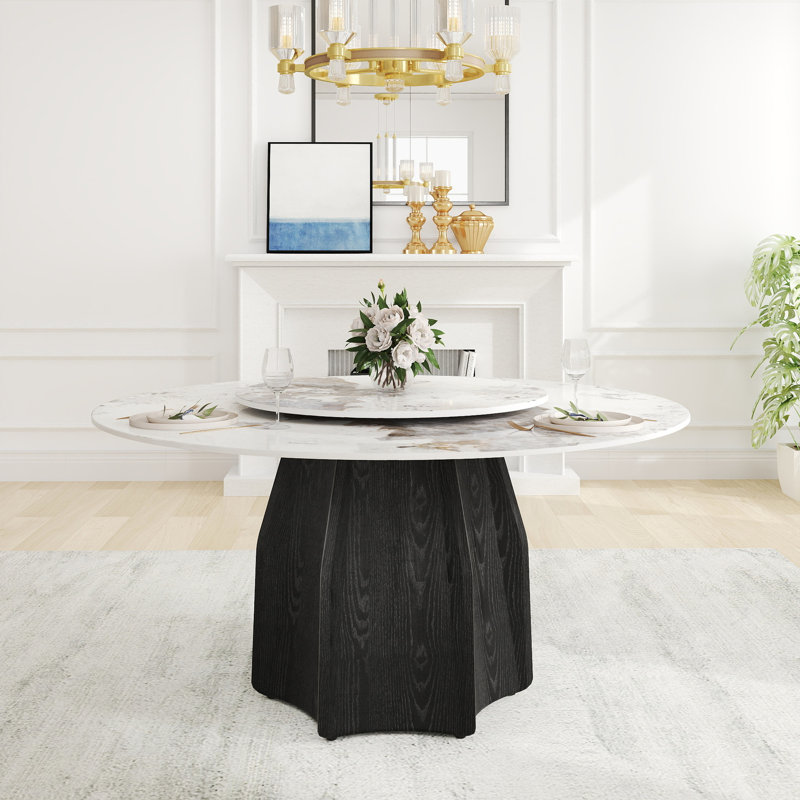 Table de salle à manger ronde de 60,81 po avec dessus en pierre frittée solide et base noire, 6-8 places, disque rotatif blanc de 31,5 po, feu, plateau tournant en bois de chêne stable et résistant aux égratignures, pour personnes
