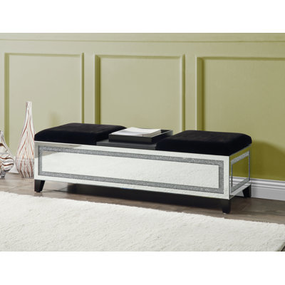 Athen Faux Leather Upholstered Storage Bench in Black and Mirrored