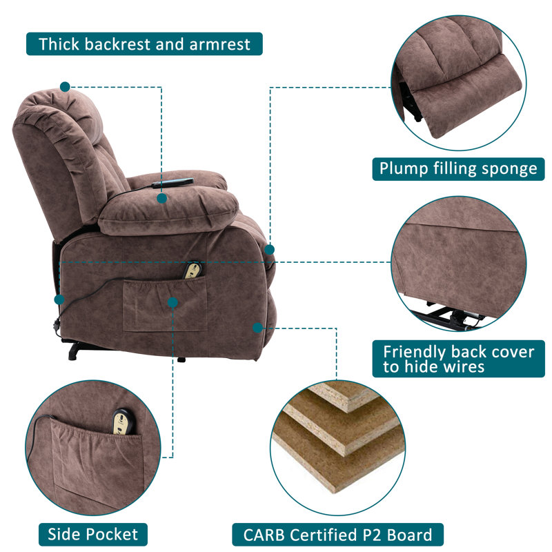 96 cm Wide Velvet Lift Assist Recliner with Massager and Heated Cushion, Brown