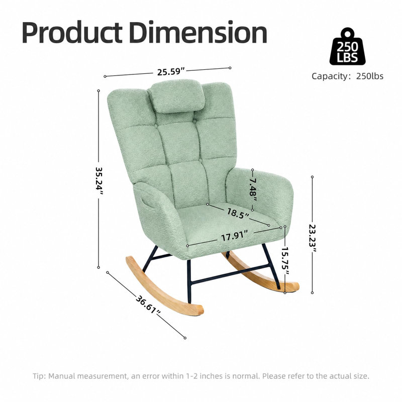 Chaise berçante Nursery Glider, fauteuil d'appoint rembourré à haut dossier avec siège rembourré, 220 lb, vert clair, Vert