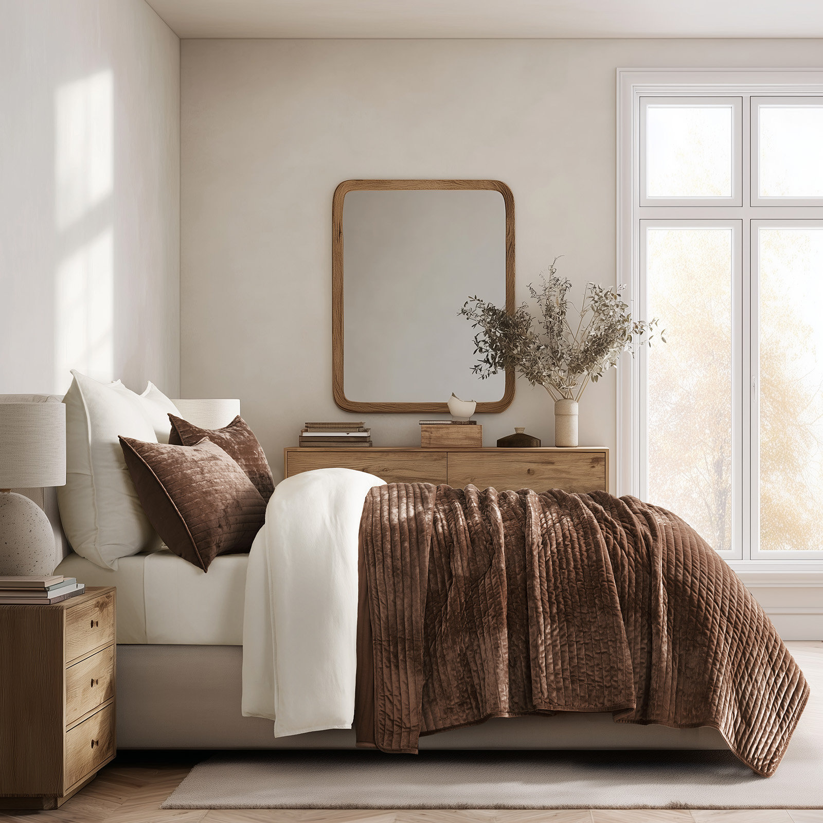 Velvet Quilt Set, King, Rust Brown