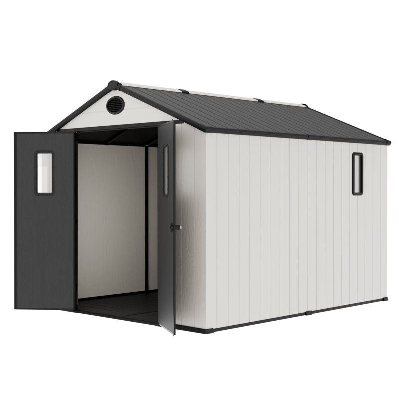 Abri de jardin en résine de 2,4 x 3 m avec plancher et porte double pour mobilier de jardin et outils.