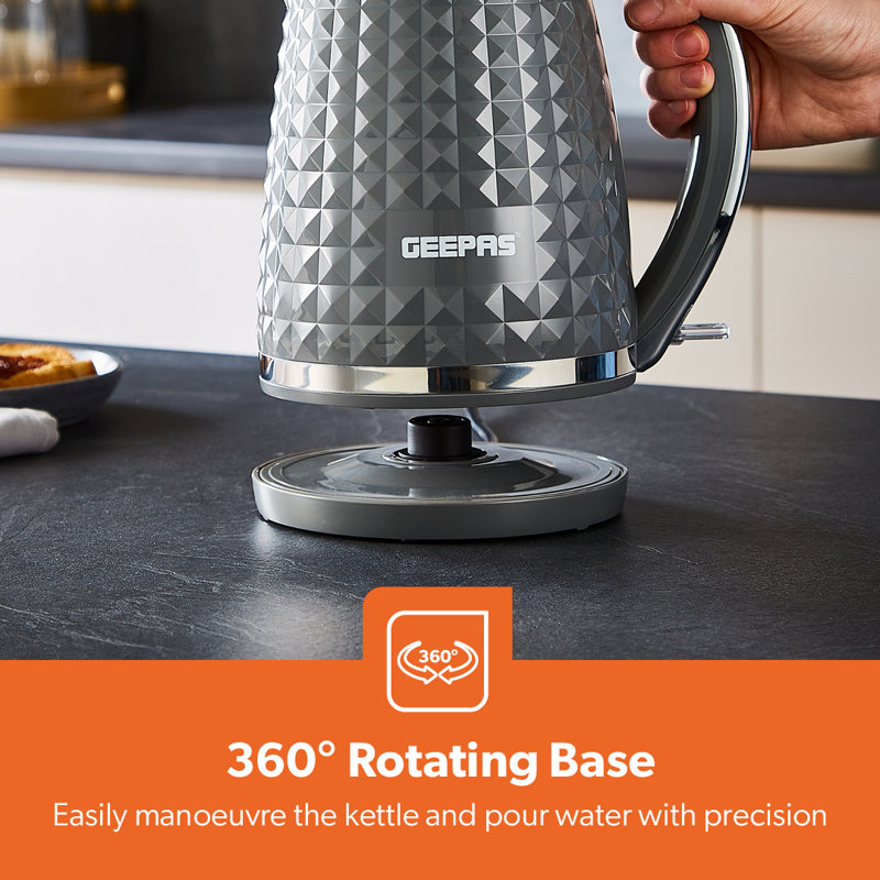 GEEPAS Argyle 1.7L Cordless Electric Kettle | Textured Kettle with 360° Rotational Base & Concealed Heating | Auto Shut Off Boil Dry Sensor | Space Saving Cord Storage and LED Indicator | 2200W