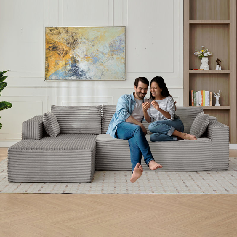 Canapé modulaire à compression avec méridienne confortable, canapé en forme de L sans siège avec assise profonde, canapé-lit modulaire minimaliste pour salon, salon, appartement, velours côtelé, gris