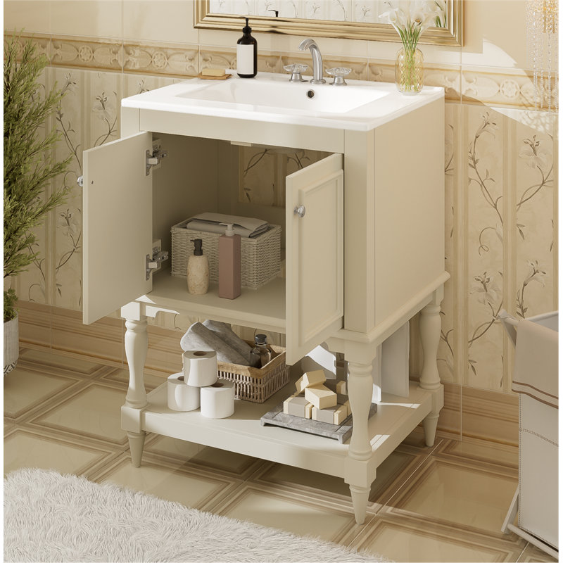 Meuble-lavabo de luxe moderne de 24 po avec lavabo en céramique, meuble de salle de bain avec tablette ouverte et rangement fermé