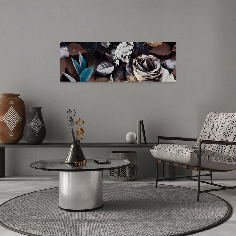 «Elegant Rose and Foliage Abstract Flower Landscape», art mural, H 12 po x l 36 po