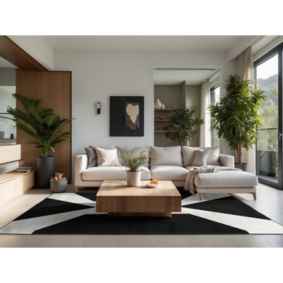 Tapis doux moelleux à motif géométrique contemporain noir Ealey