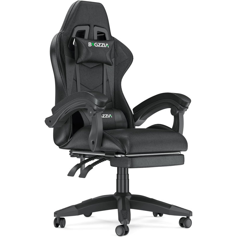 Gaming Chair with  Massage Lumbar Support and Footrest, Black