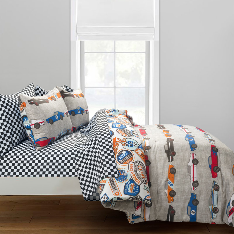 Lush Decor Race Cars Bed in a Bag Reversible Comforter Set with Bed Sheets, Full / Double, Blue