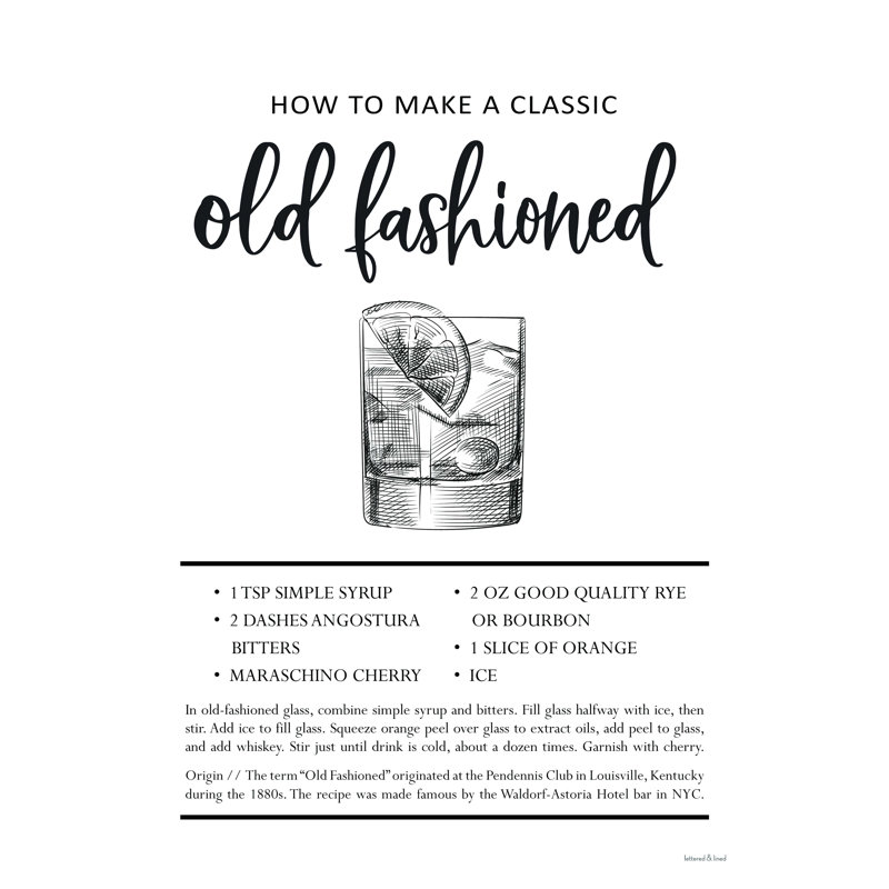 «Old Fashioned», art textuel sur toile tendue, H 16 po x l 12 po