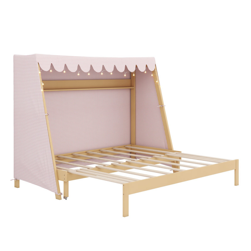 Lit d'économie d'espace avec lit gigogne, tablette de rangement, tente et lumière, Natural