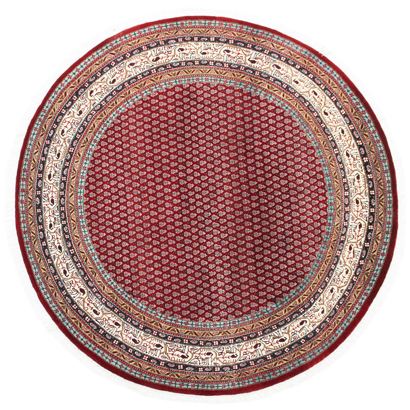 Tapis rouge / crème / bleu noué à la main de haute qualité, Rond 6 pi