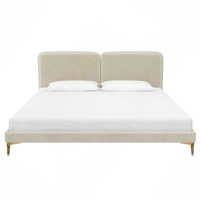 Lit en velours de luxe, tête de lit rembourrée moelleuse, aucun sommier requis, limite de 500 lb, Ivoire ivoire