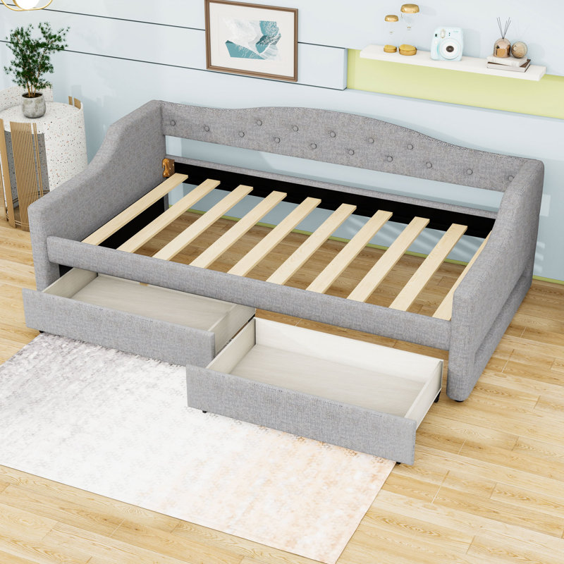 Twin XL Upholstered Daybed with LED Lighting and 2 Drawers, Gray
