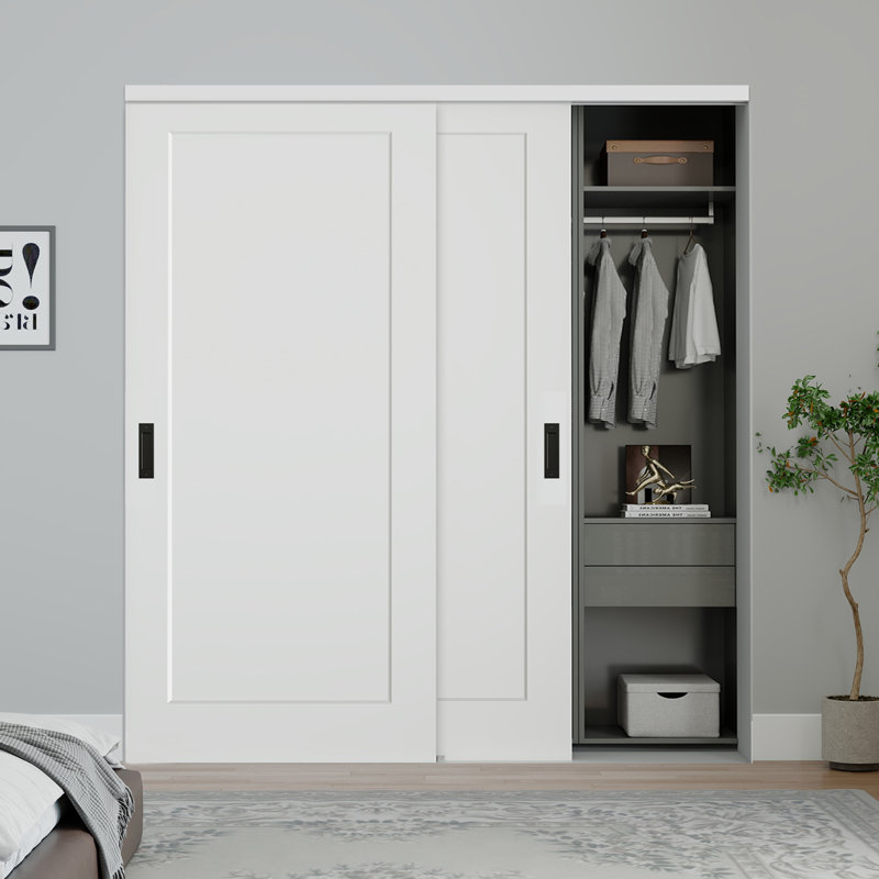 Portes de placard coulissantes 72 po x 80 po à 1 panneau blanc mat lissé avec trousse d'installation et quincaillerie noire matte