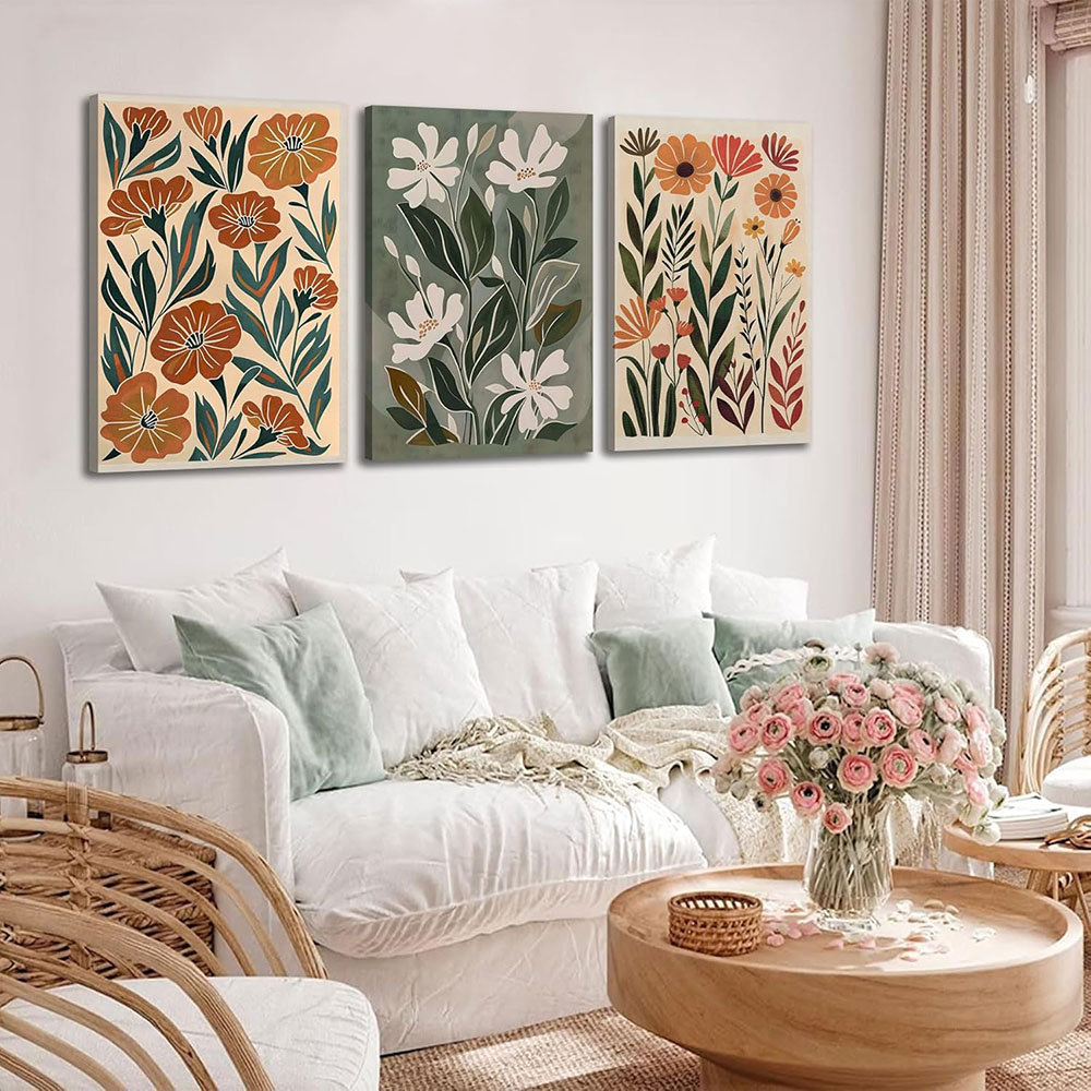 3Pcs Abstract Boho Floral Canvas Wall Art Green Beige Flower Market Posters Prints Minimalist Colorful Botanical Wall Decor Pictures For Living Room B