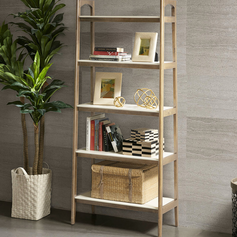 Unité de rangement d'inspiration Mid-Century - structure en bois massif, cadre blanc à 5 tablettes, Off-White/Natural