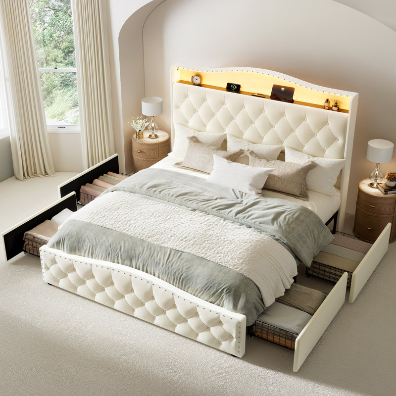 Upholstered Queen Bed Frame with 4 Storage Drawers and 52.5" Tall Headboard,  Platform Bed with Charging Station & LED Light, No Spring Box Needed