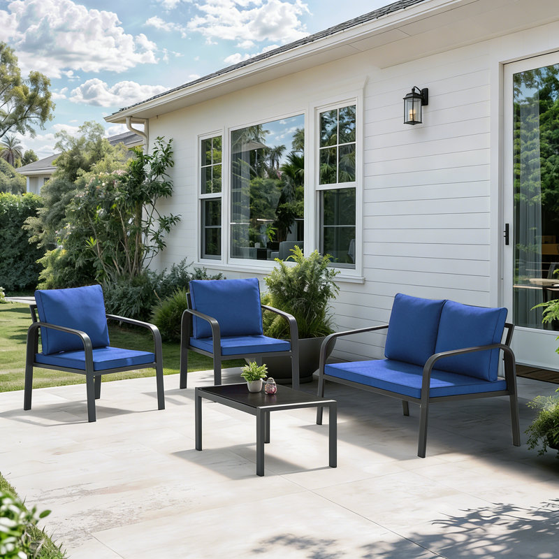 Patio Furniture Set, 4 Pieces Outdoor Patio Conversation Set with Coffee Table and Cushions for Poolside Balcony, Blue