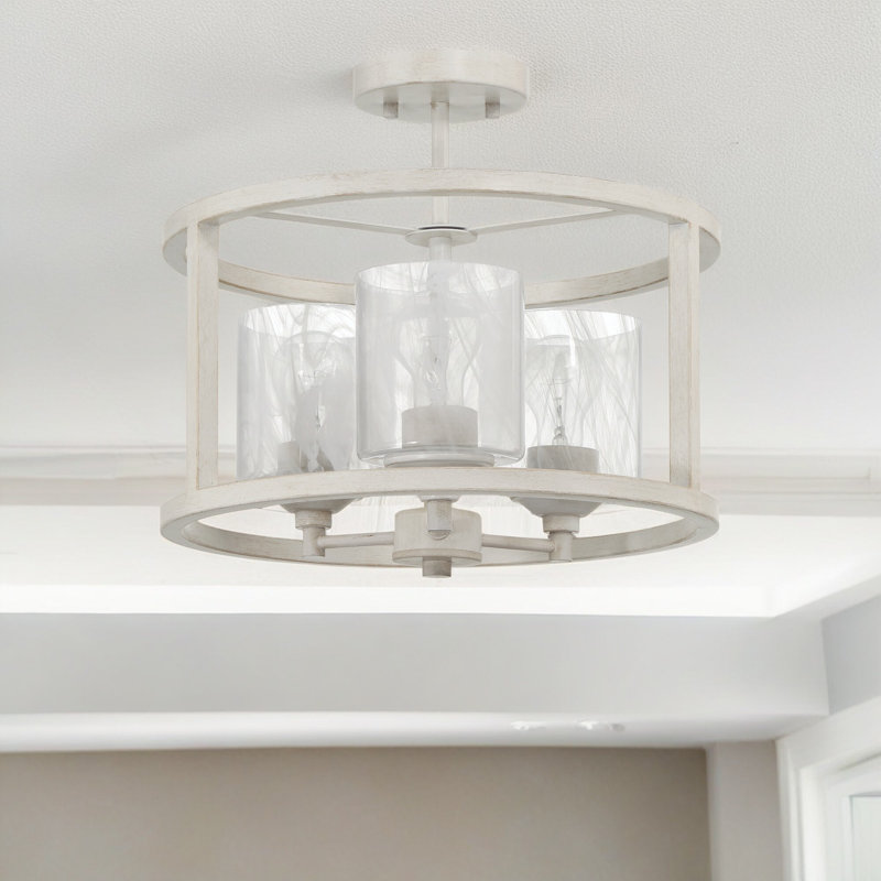 Melstone 3 - Light Dining Room Chandelier Steel Dimmable Glass Flush Mount Ceiling Light, White Washed