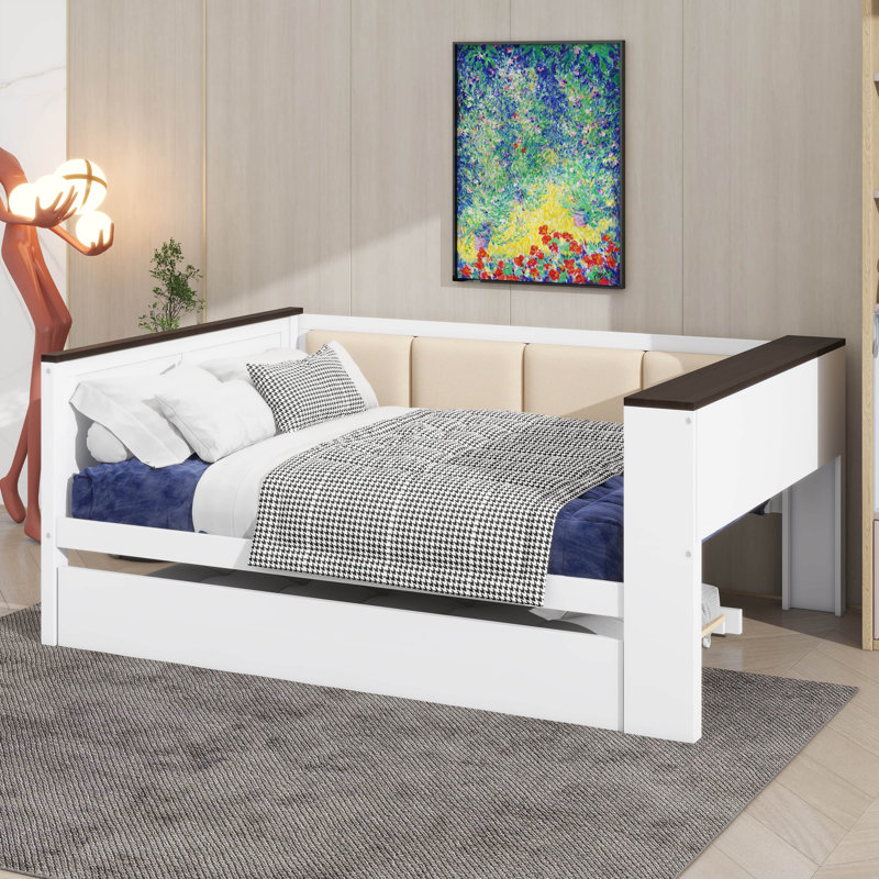 Wood Daybed With Storage Shelves, Upholstered Backrest,USB And Trundle, Full/Double
