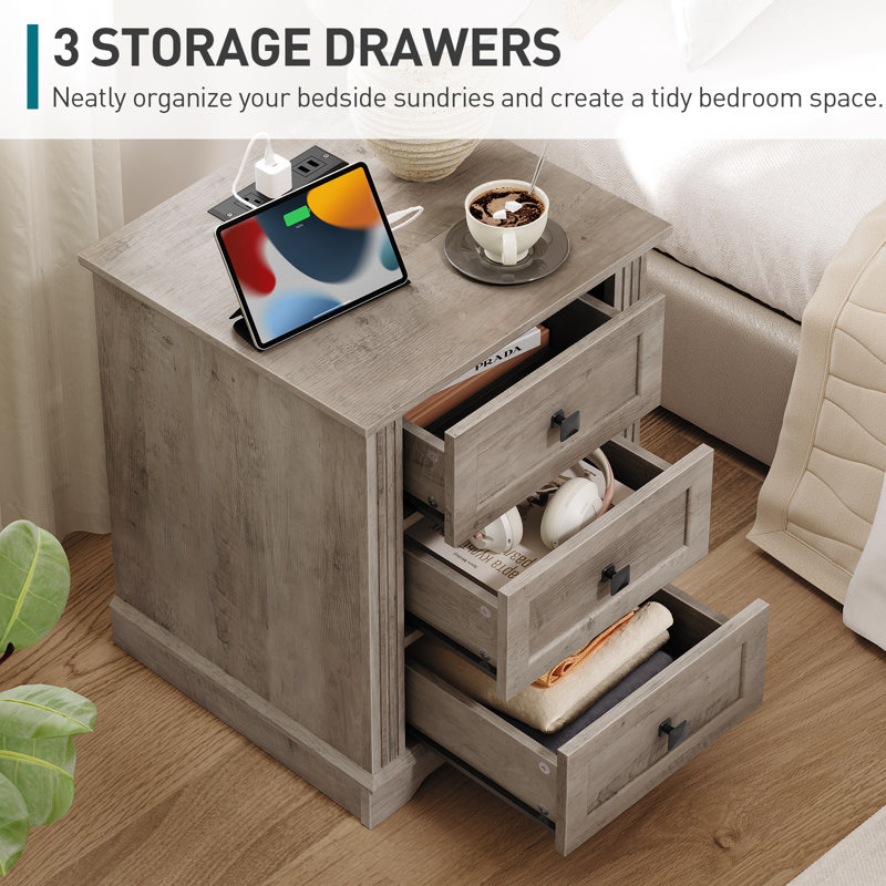  Farmhouse 17.7"W Nightstand with 3 Drawers, Wide End Tables with Charging Station, Bedside End Tables Living Room, Gray