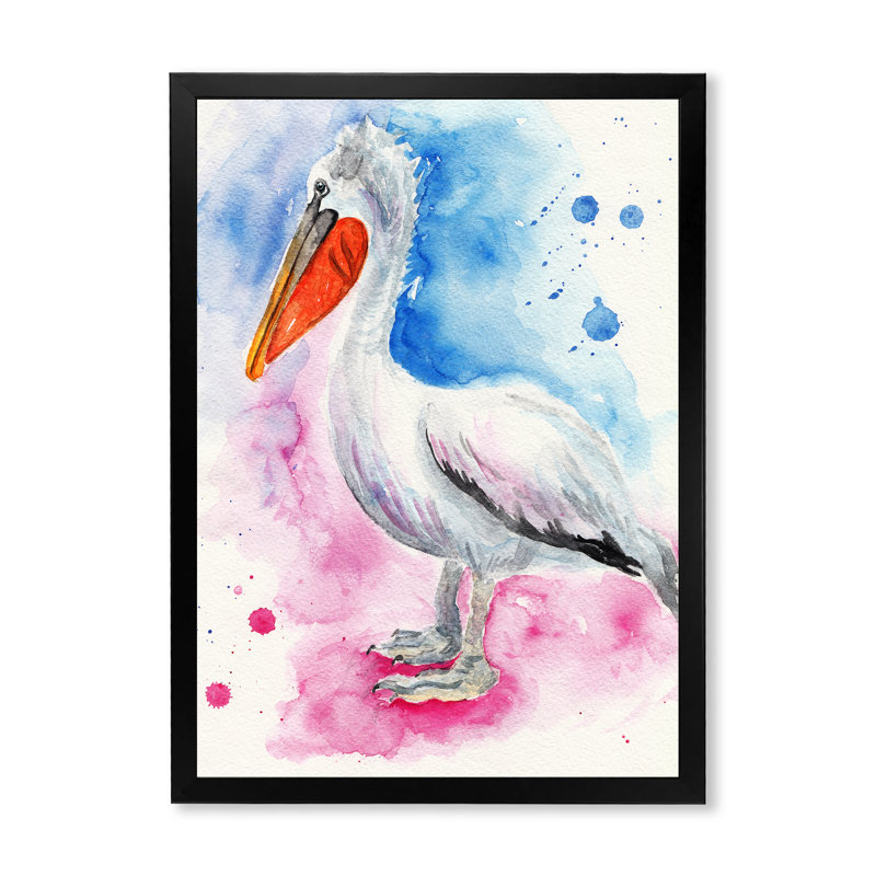 Pélican bleu et rose, H 20 po x l 12 po x P 1 po, Impression noire sur toile encadrée