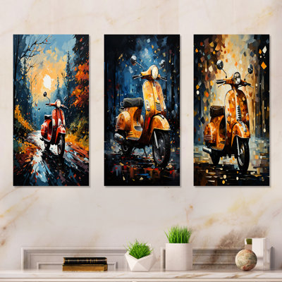 Riding Scooter In The Country Autumn - Scooter Wall Art Prints Set Of 3