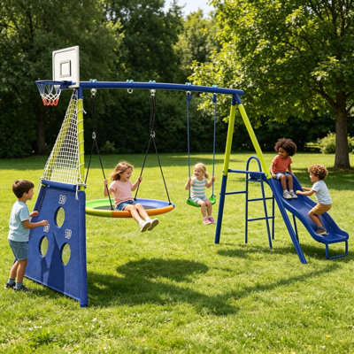 Ensemble de balançoire en métal 5-en-1 pour cour arrière, aire de jeu extérieure pour enfants avec glissade, soucoupe et balançoires à ceinture simple, panier de basketball + but de soccer, cadre en A robuste pour les enfants de 3 à 10 ans