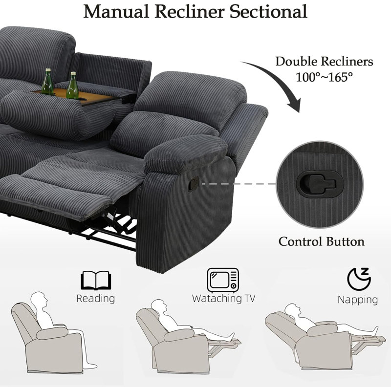 199" Wide Modern And Overstuffed Soft Manual Reclining Sectional With Cupholders And Storage (Set of 3), Black/Gray