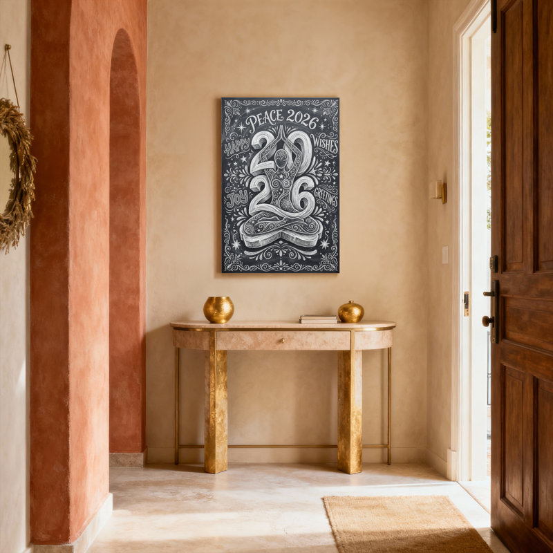 Ensemble de 1 tableau mural de style tableau noir « Paix 2026 Yoga », H 20 po x l 30 po, Noir