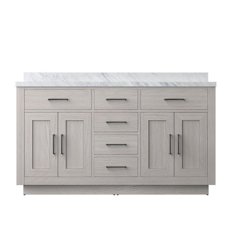 60" Double Bathroom Vanity Set, White Oak, White Carrara Marble
