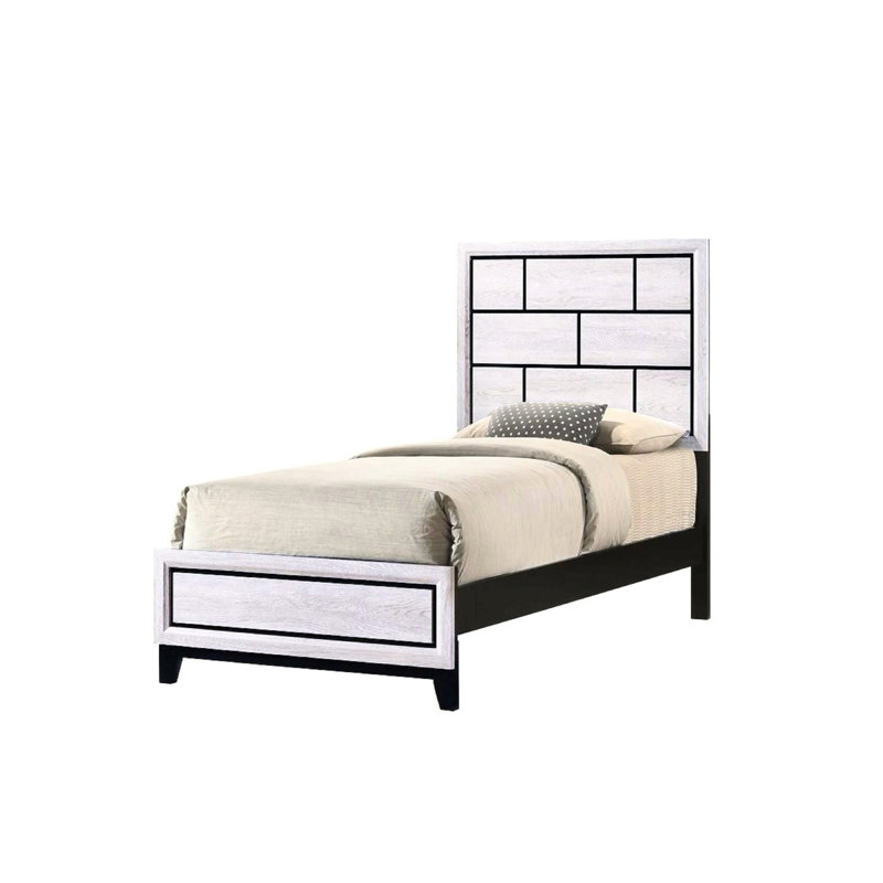 Cotemporary Panel Low-Profile Youth Kids Bed Geometric Design Wooden Bedroom Furniture, Twin, White