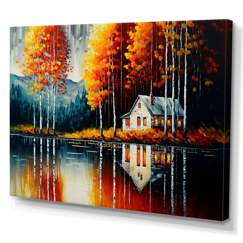 Maison de lac rouge et orange avec bouleaux - Impression sur toile, H 16 po x l 32 po x P 1 po, Toile tendue