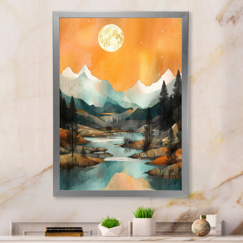 «Teal Bold Mountain I», reproduction sur toile, Cadre simple argenté, H 44 po x l 34 po x P 1,5 po