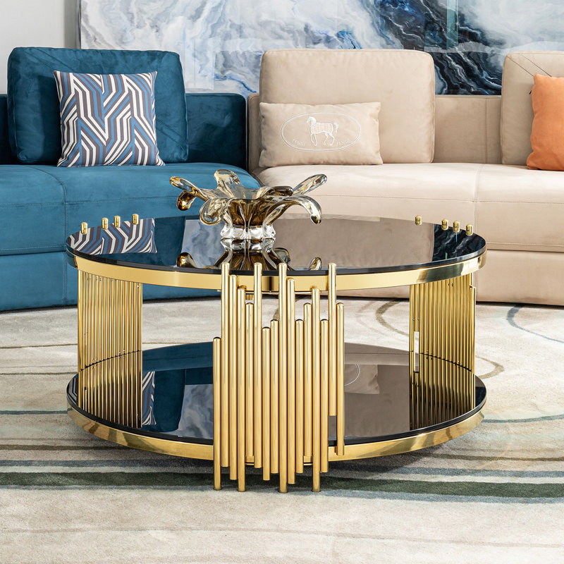 Table basse ronde double couche en verre trempé pour le salon, H 17,7 po x l 31,5 po x P 31,5 po