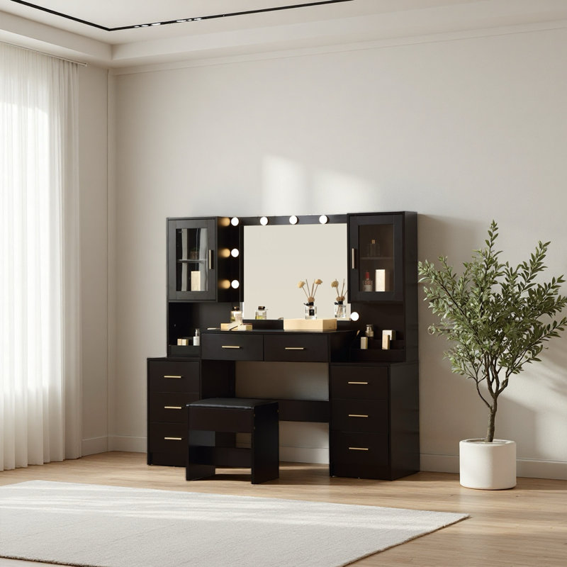 58.3 Extra Large Vanity Desk With Folding Up Mirror,makeup vanity table with mirror and lights,outlet and stool,dressing table with two makeup organizers,for bedroom