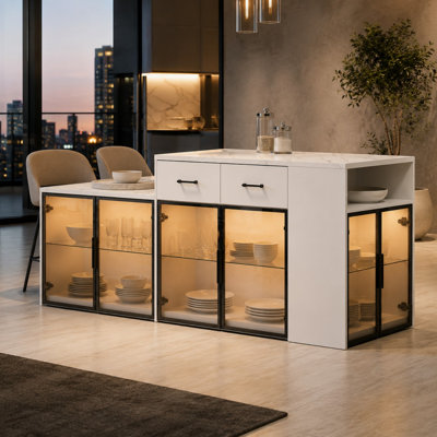 94.5'' W Warm White Sideboard Buffet Cabinet With LED Lights, Tempered Glass Doors And 2 Drawers