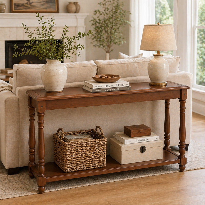 50 Inch French Vintage Narrow Console Table, 2-Tier Traditional Solid Wood Entryway Table With Roman Legs, Rectangular Accent Couch Table Behind Sofa, Dark Brown