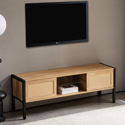Table de télévision tissée avec structure en métal, bande de 16 couleurs, tablette réglable, portes coulissantes doubles pour utilisation à la maison, support de salon de 54,17 po, pieds, bande