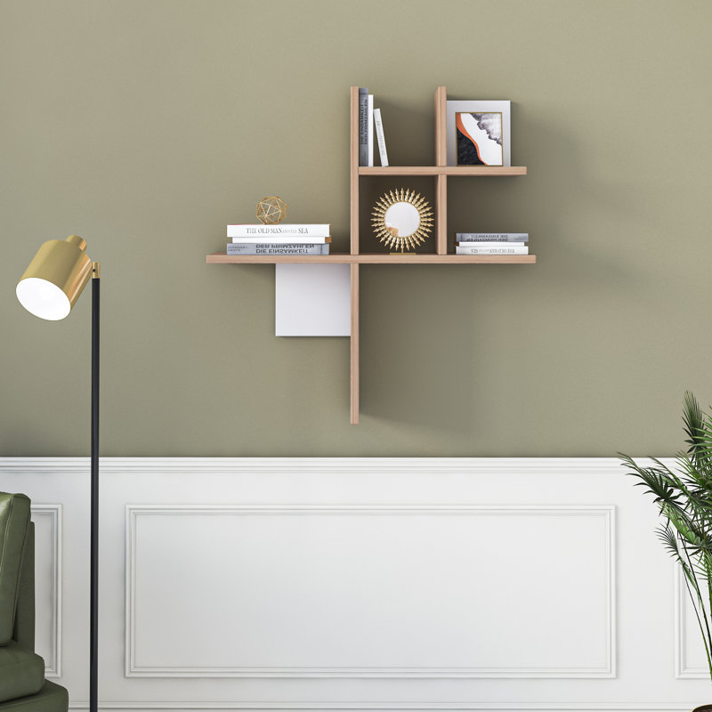 5 Piece Floating Shelf, White/Light Walnut