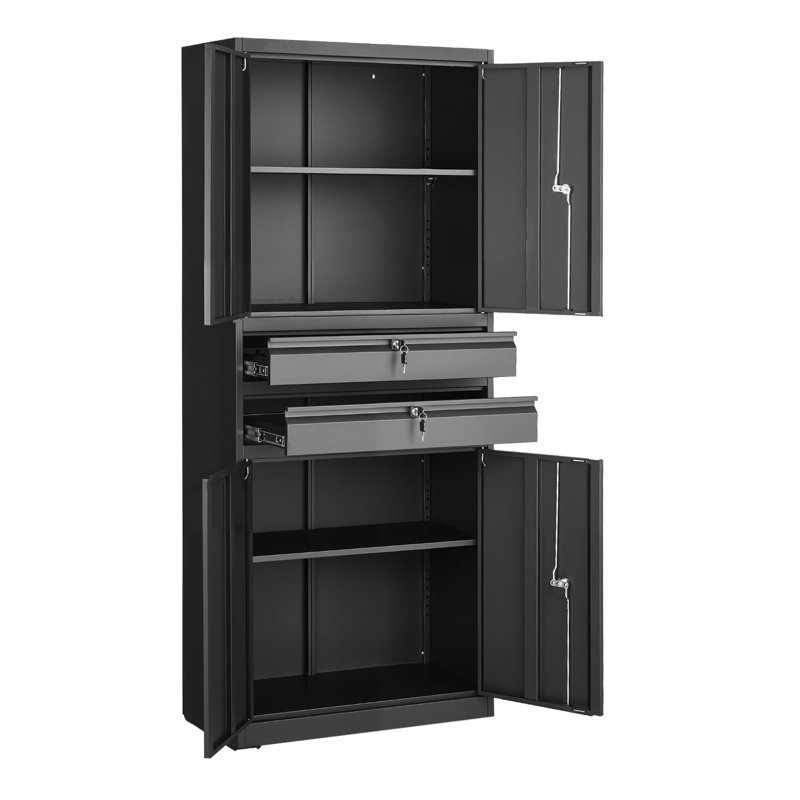Metal Storage Cabinet, 180 lbs Shelf Load Capacity, 70.87" Tall Garage Tool Storage Cabinet with 4 Locking Doors and Adjustable Shelves, 2 Drawers, for Garage, Home, Office, Utility Room, Black