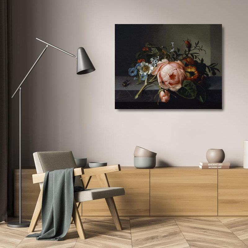 «Still Life with Rose Branch, Beetle and Bee» par Rachel Ruysch, reproduction d'art sur toile tendue avec châssis
