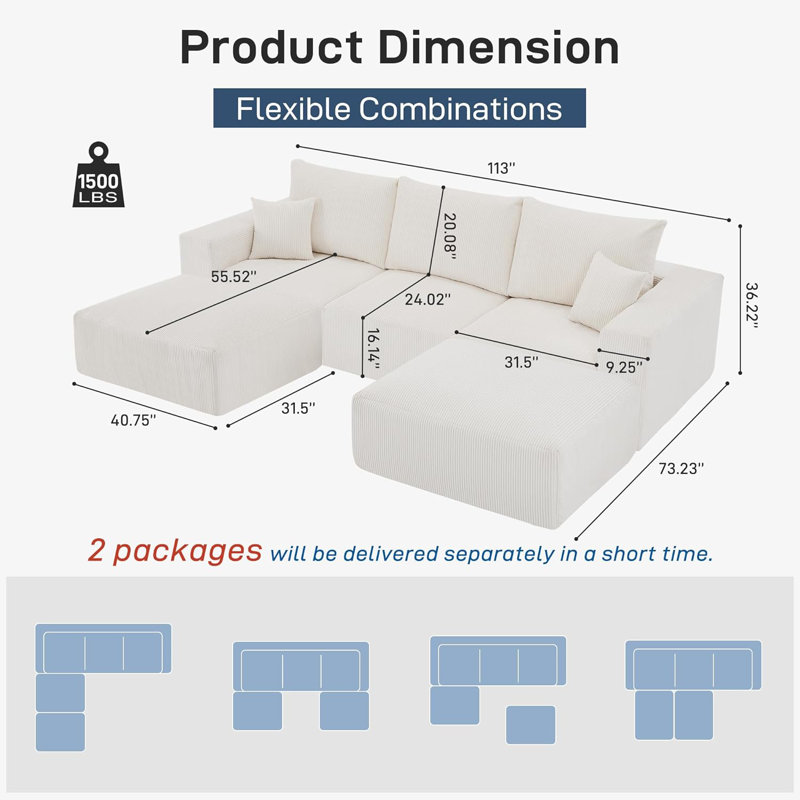 Canapé modulaire sans assemblage de 113 po Boneless, Velours côtelé beige
