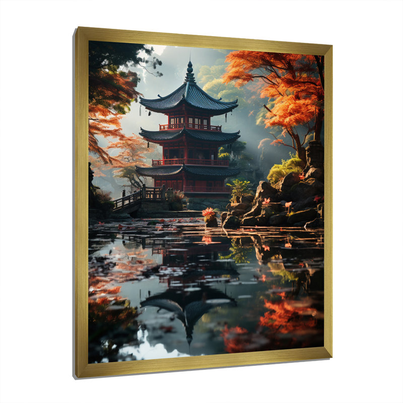 Teije, art asiatique, pagode sereine - impression, Impression dorée sur toile encadrée, H 32 po x l 24 po x P 1 po